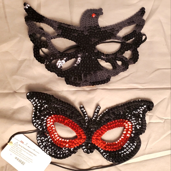 Fancy Halloween Costume Face Masks Set of 2 New Butterfly & Bird Black Sequin - Picture 1 of 5